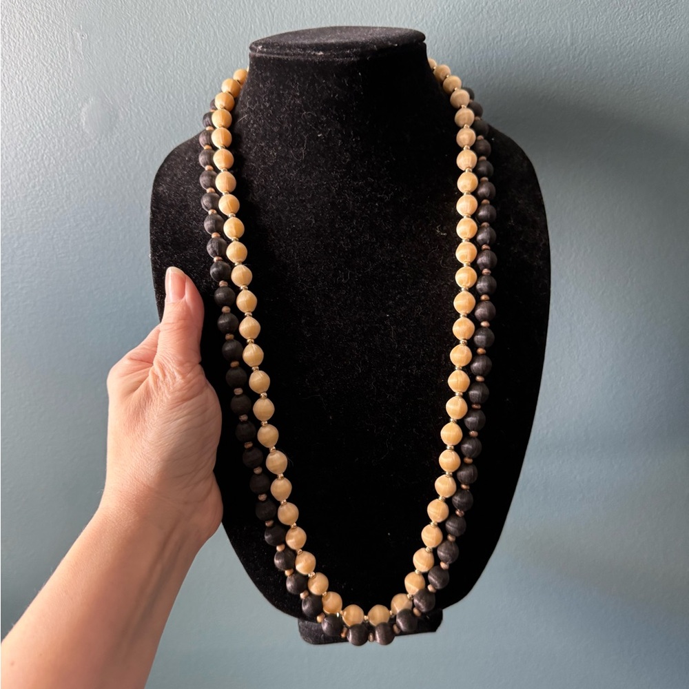 Pair of Elegant Black and Cream Silk Beaded Necklaces